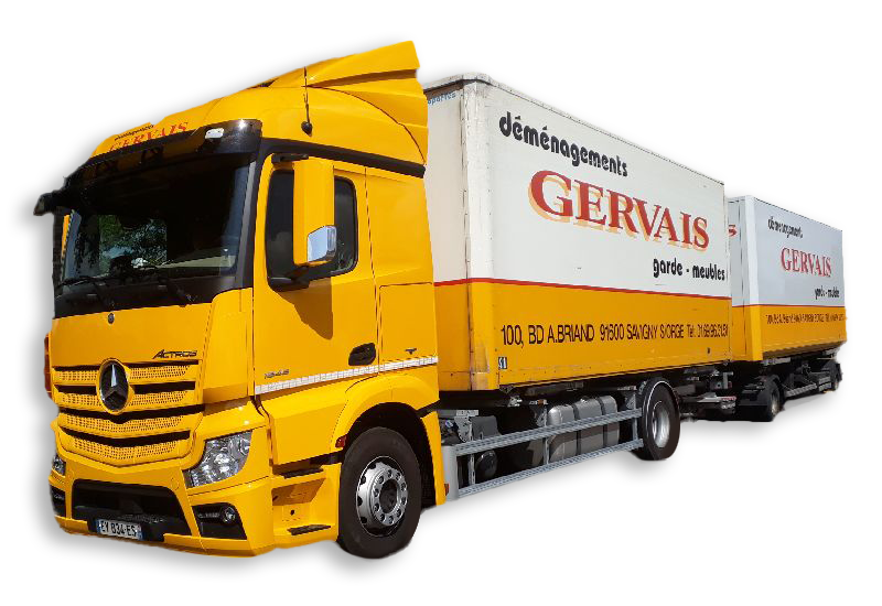 Camion jaune et blanc floqué du logo de l'entreprise Gervais